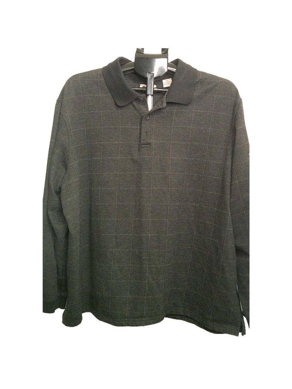 Haggar Men's XXL Long Sleeve Polo Shirt Dark Gray Windowpane Pattern